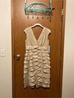 London Times Champagne Tiered V-Neck Ruffle Dress